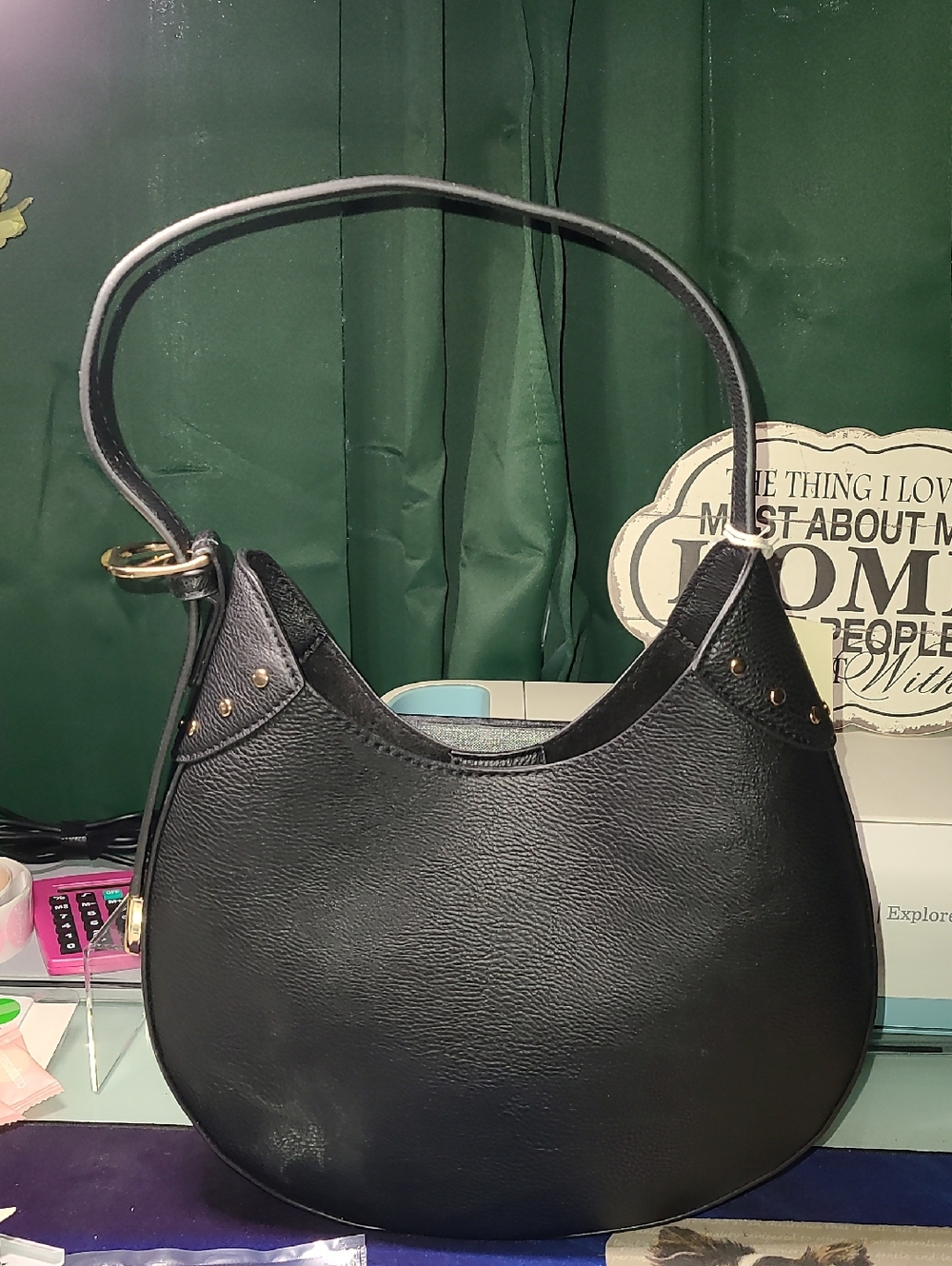 Universal Thread Black Crescent Shoulder Bag with Gold Stud Accents